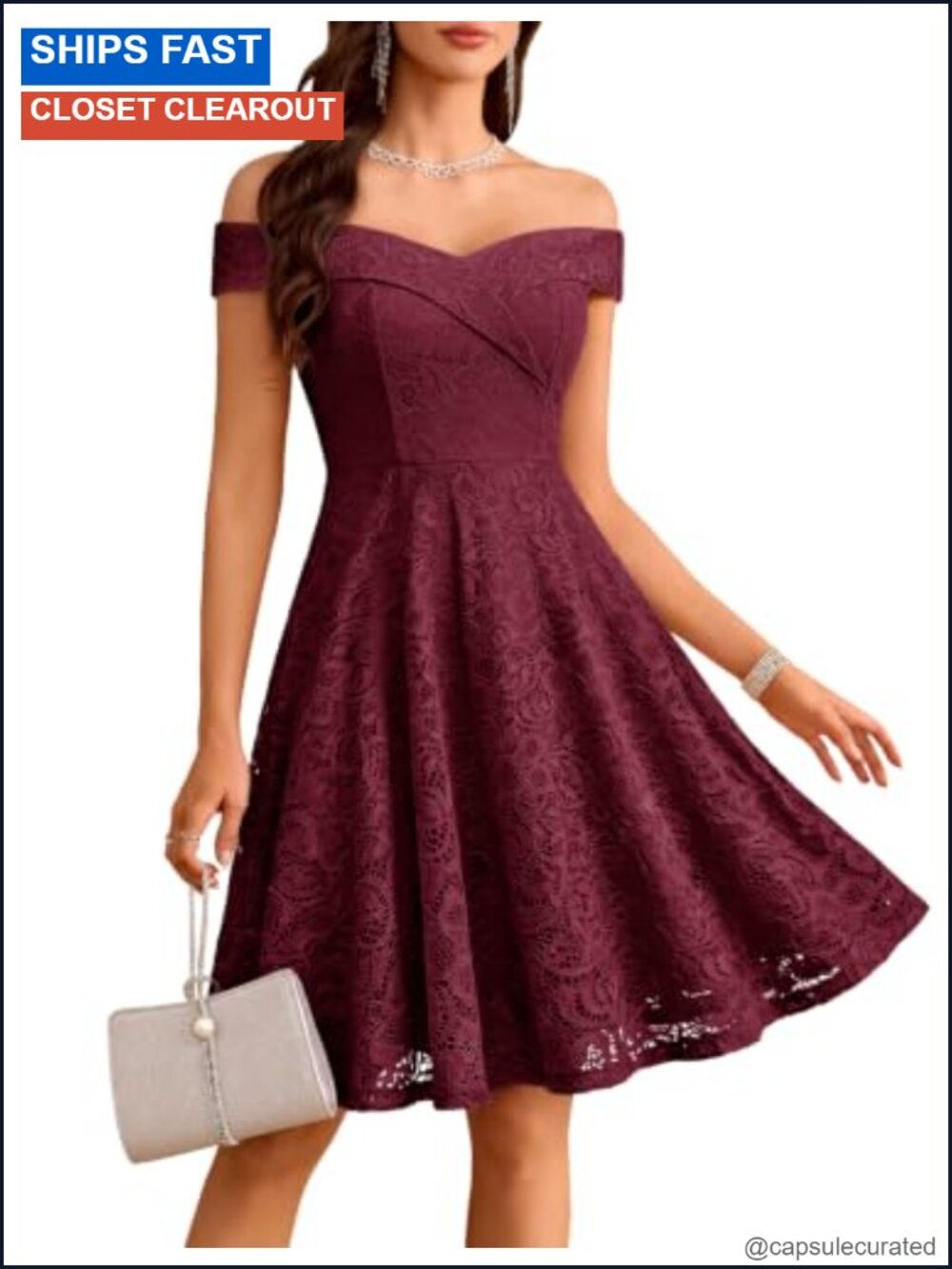 Lace Off Shoulder Sweetheart A-Line Midi Cocktail Wedding Guest Dress